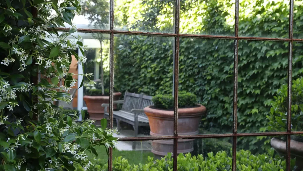 View through a window pane showing a large terracotta planter and a rustic garden bench.