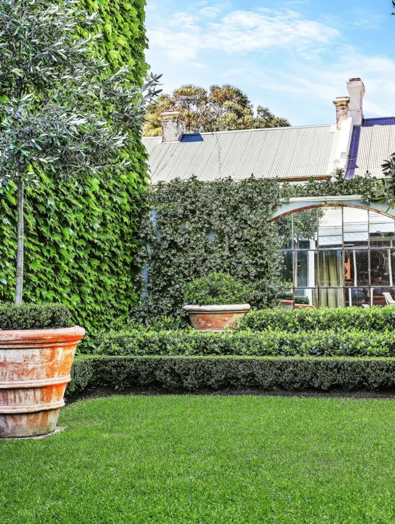 A residential building completely covered in dense, vibrant green climbing ivy vines.